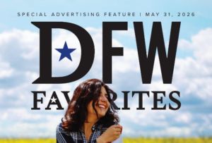 A smiling woman sits outdoors under a cloudy sky with large bold text reading “DFW Favorites” and a date, May 31, 2026, above.